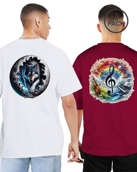 BuyThatTrendz Men Pack of 2 Graphic Print Oversized Fit Cotton T-Shirts