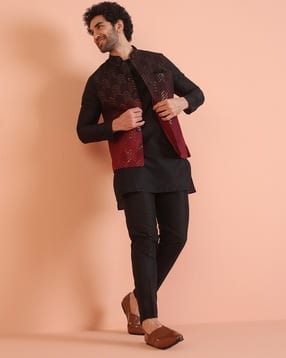 Men Embroidered Regular Fit Nehru Jacket-image-16