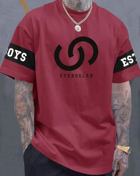 EYEBOGLER Men Brand Print Loose Fit Crew-Neck T-Shirt