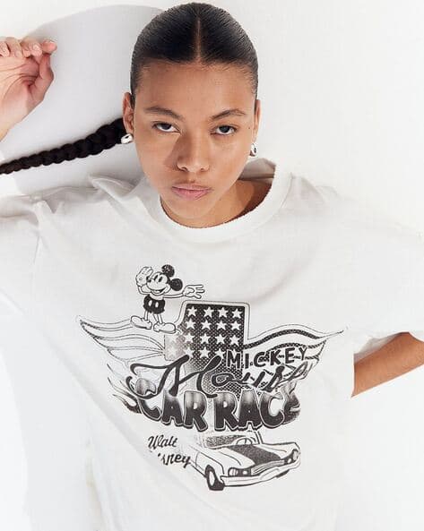Women Mickey Mouse Print Oversized Fit Round-Neck T-Shirt