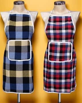 Set of 2 Checked Aprons with Patch Pocket