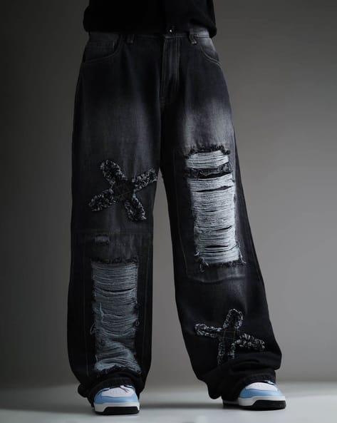 Men Mid-Wash Distressed Wide-Leg Low-Rise Jeans