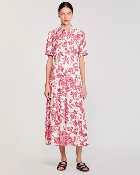 sandro floral shirt dress Sandro Paris 100% Silk Heart Floral Drop Waist Shirt Dress Women 38 Large Button