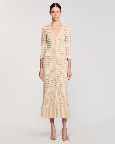 sandro beige dress BEIGE STRAPLESS MIDI DRESS WITH FABRIC FLOWERS | CULT MIA main image 1