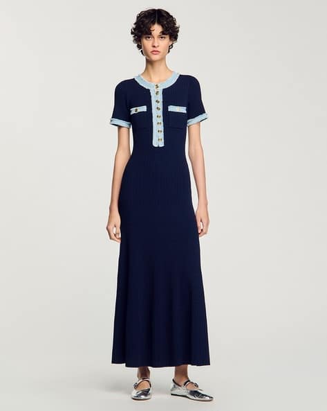 knee length dresses for ladies SANDRO Knit And Denim Midi Dress - Blue