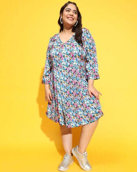 Women Plus Size Floral Print V-Neck Dress