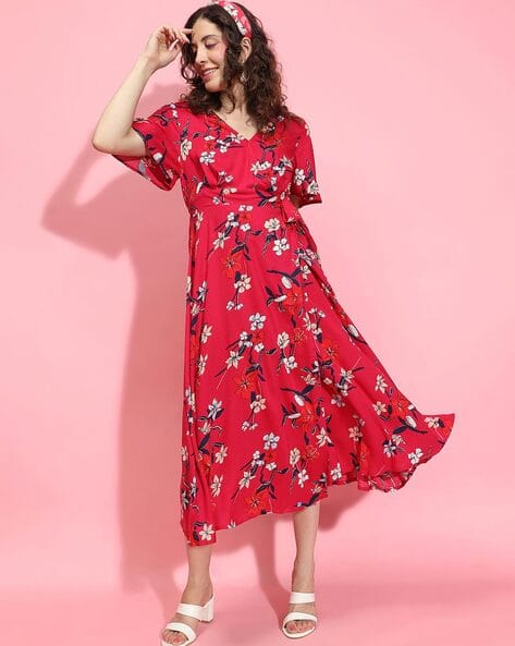 Women Floral Print Belted V-Neck Dress