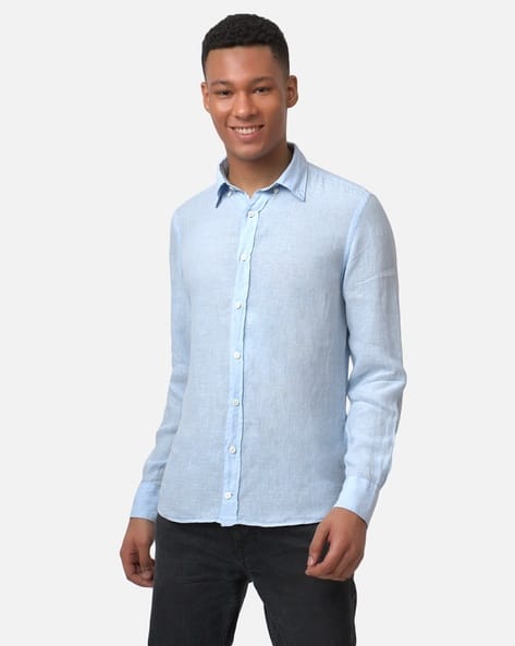 Buy Hackett London Men Slim Fit Linen Shirt | Sky Blue Color