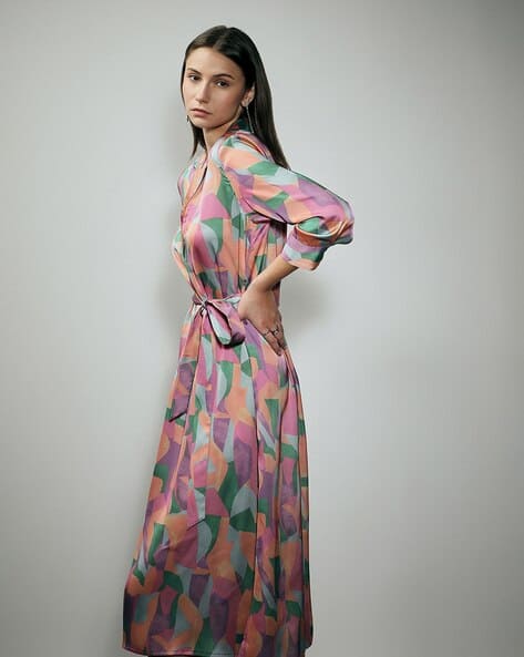 Women Printed Shirt Dress with Tie-Up Belt