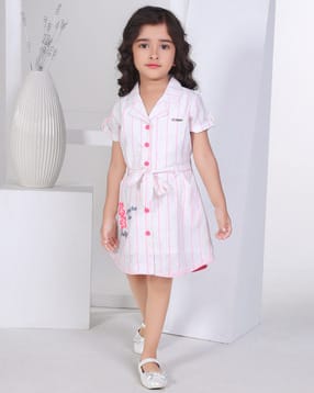 Girls Striped A-line Dress with Belt-image-18