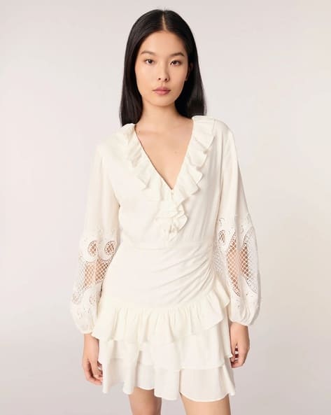 Buy Maje Ruffled Embroidered Sleeves Dress | Cream Color Women
