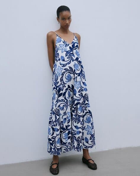 Maxi Dress Hm Patterned Dress H&M One-shoulder Floral Satin Tiered