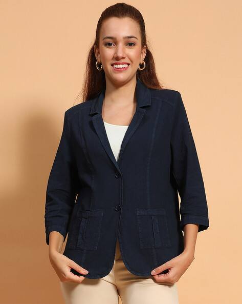 Women Open Collar Three Quarter Sleeve Button Down Cotton Blazer with  Pockets