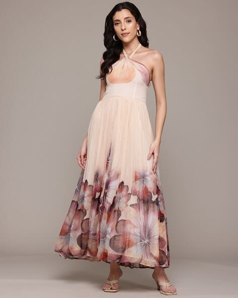 slim fit dress slacks Label RITU KUMAR Halter Neck Solid Long Dress Pink main image 1