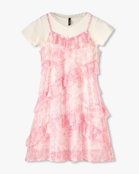 Girls Paisley Print Ruffled Tiered Dress with T-Shirt