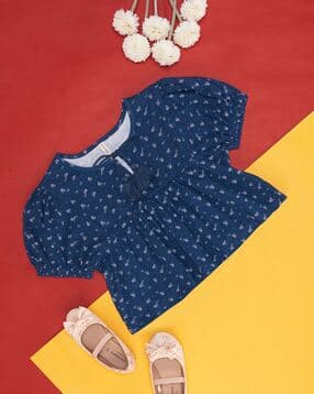 pantaloons junior Girls Micro Print Regular Gathered Top with Puff-Sleeves-picture-33