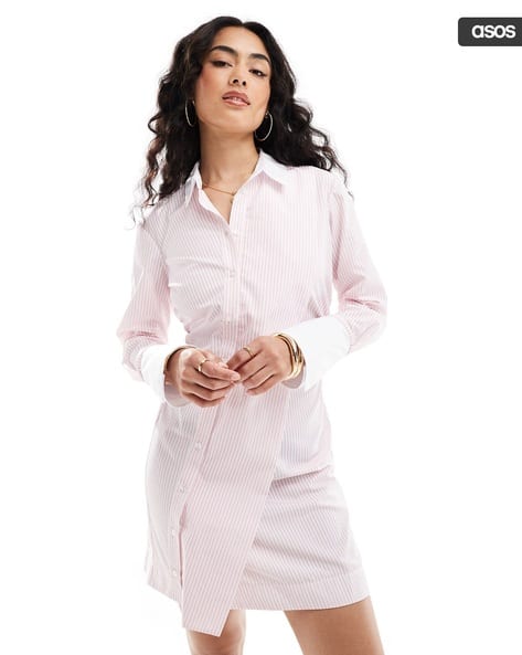 ASOS DESIGN Mini Shirt Dress with Side Ruching Detail & Contrasting Collar