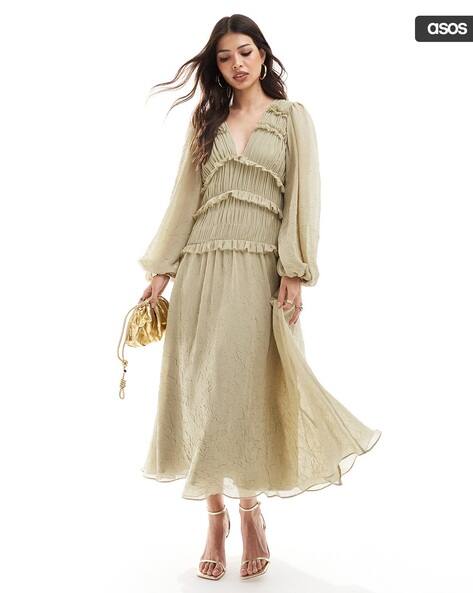 open lace back dress Asos Edition Textured Cami Midi Dress With Cut Out And Tiered Hem In Olive  Green main image 1