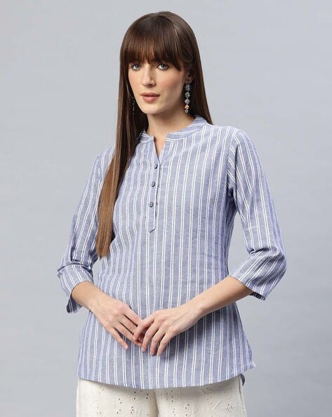 Women Regular Fit Striped Top with Mandarin Collar