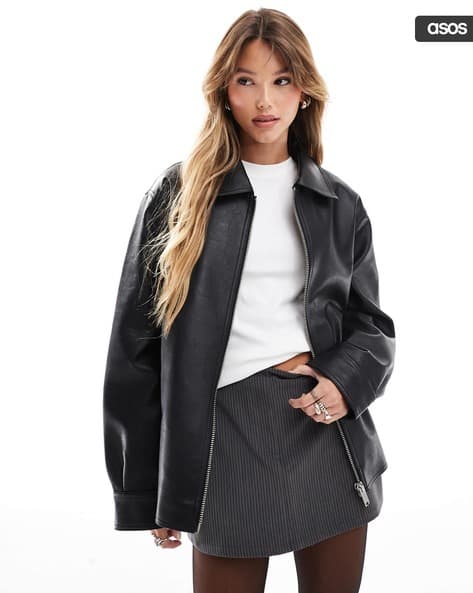 Zip-Front Leather Look Harrington Jacket