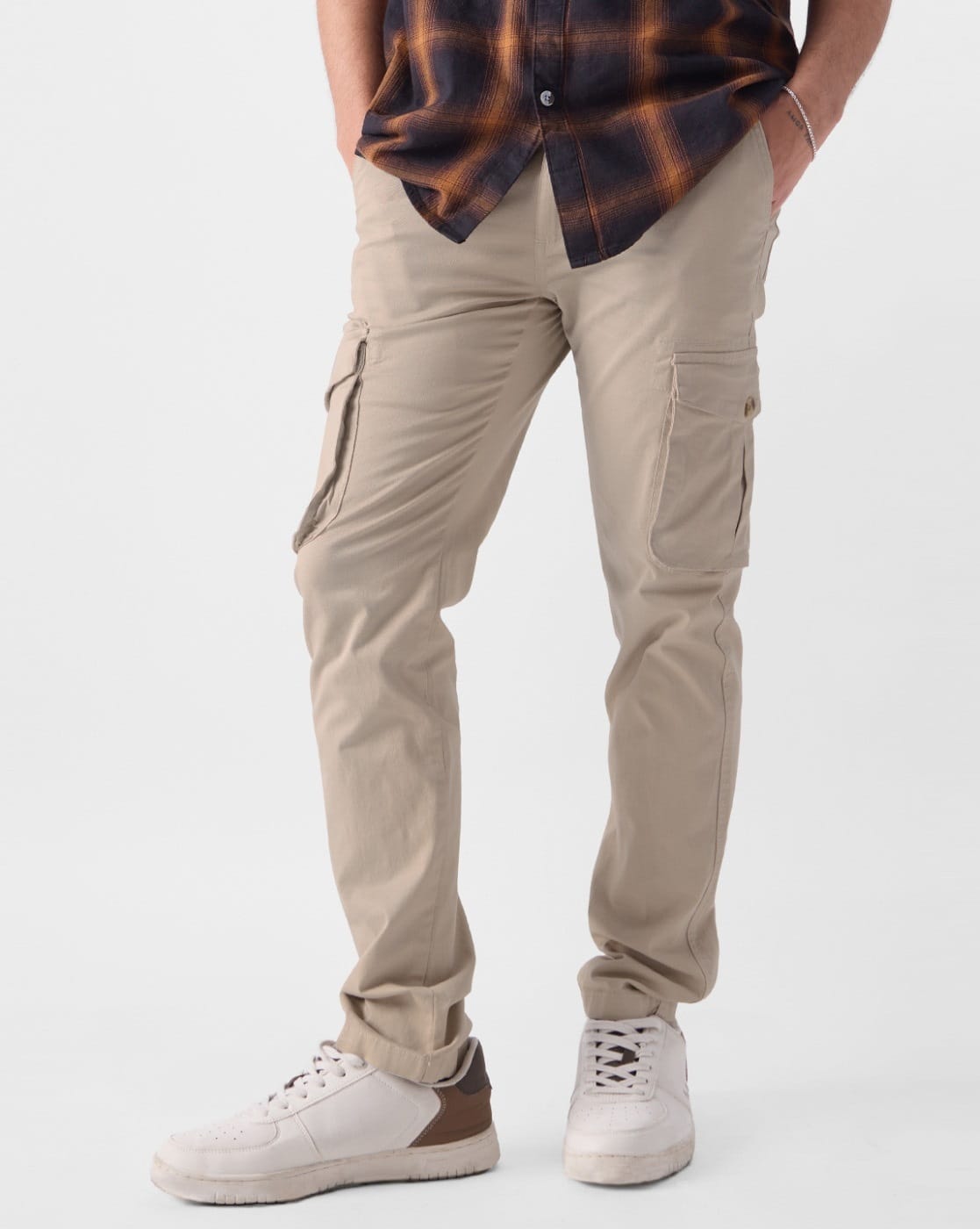 Solids Beige|The Souled Store  -  Men Mid Rise Straight Fit Cargo Pants