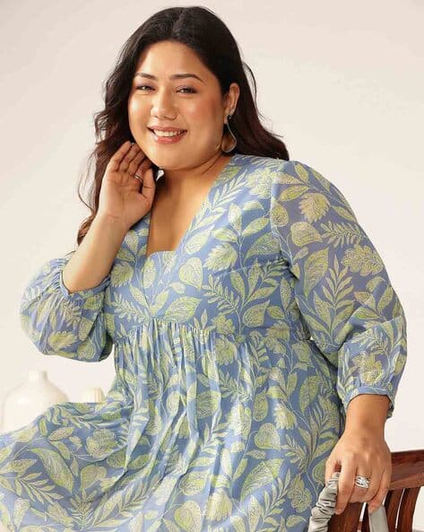 Janasya Regular Fit V-Neck Tropical Print Tunic