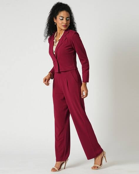 Women Stretchable Cropped Breasted Blazer Jacket With Pleated Wide-Leg Trouser Sets