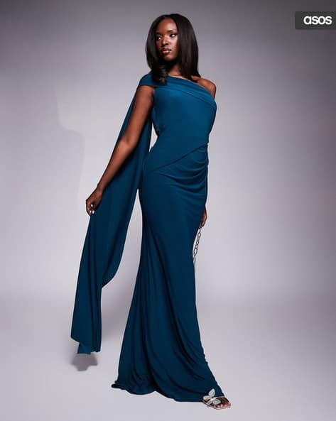 Women One Shoulder Drape Detail Maxi Dress