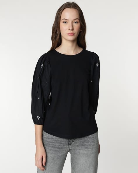 Marks & Spencer Cotton Rich Embellished 3/4 Sleeves Top