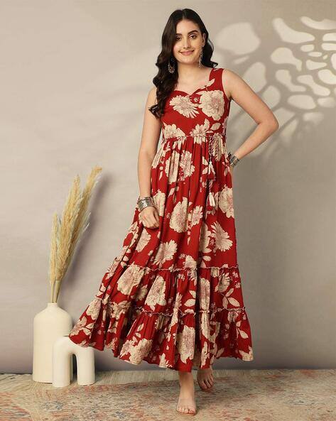Cotton Calf Length Printed Flared Sleeveless Sweetheart Neck Dress