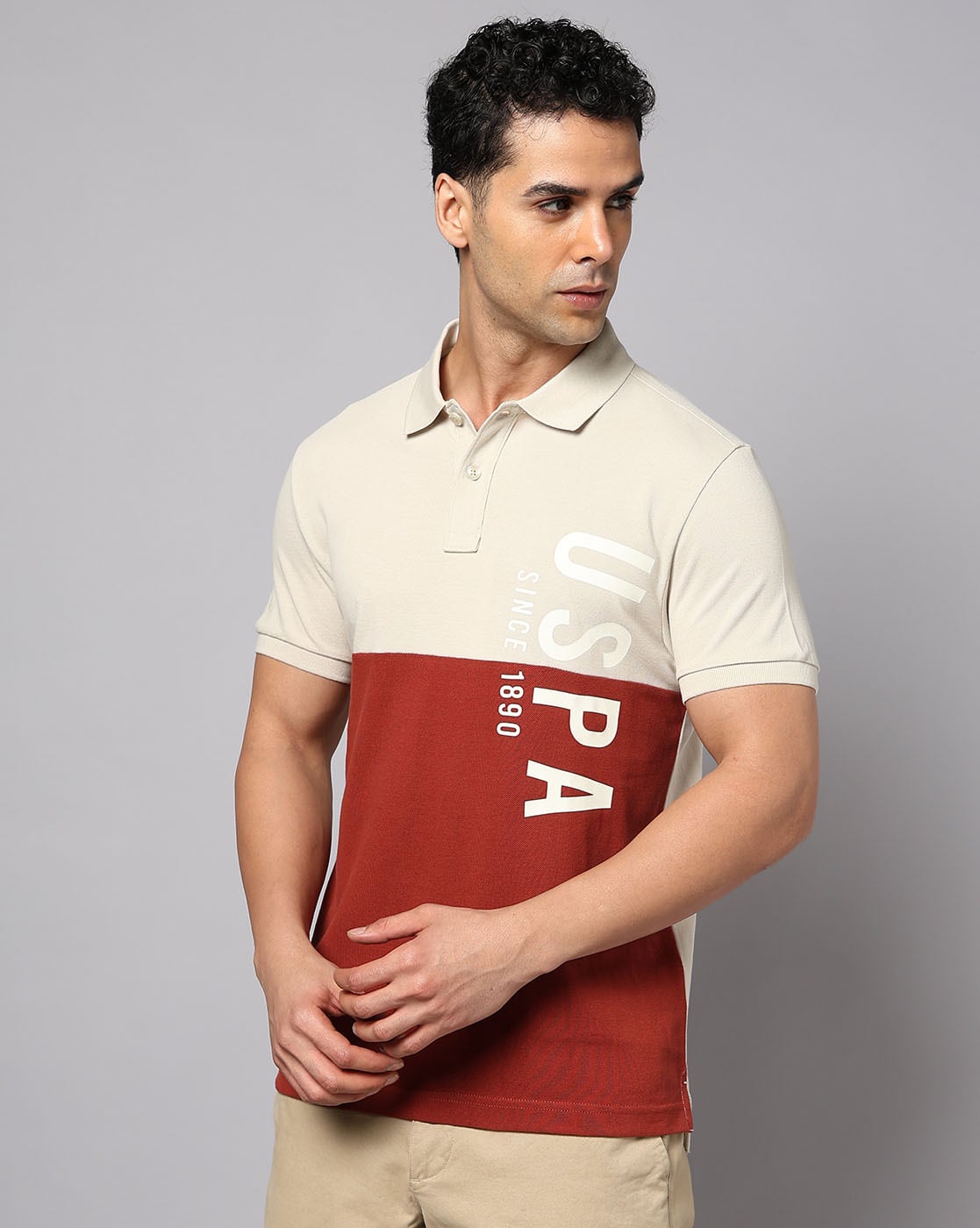 U.S. Polo Assn. Men Colourblock Slim Fit Polo T-Shirt For Men (Beige, L)