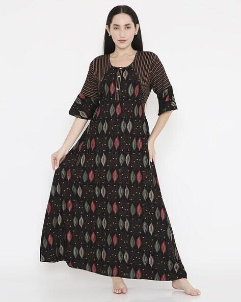 NIGHTSPREE Women Leaf Print Nightie with Bracelet Sleeves