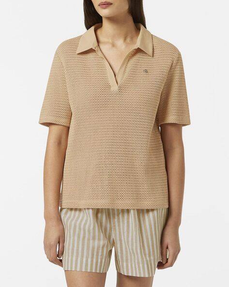 Buy SCOTCH & SODA Crochet Relaxed Fit Cotton Polo T-Shirt | Beige