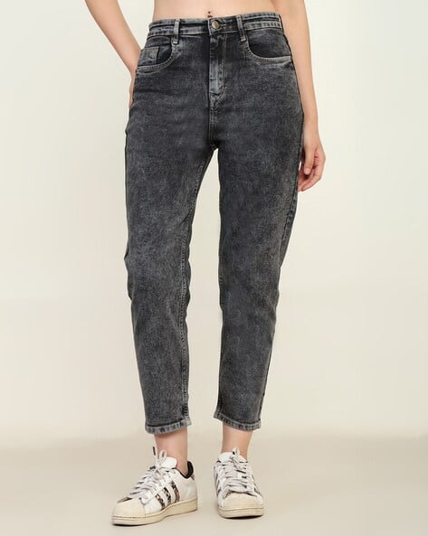 Women Acid-Wash Mom High-Rise Jeans - Main Image