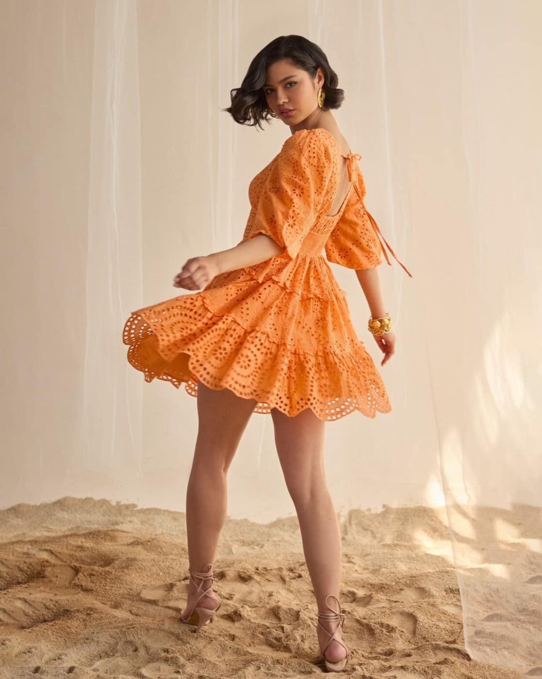 Buy STYLE ISLAND Embroidered Schiffli Fit & Flare Dress | Orange