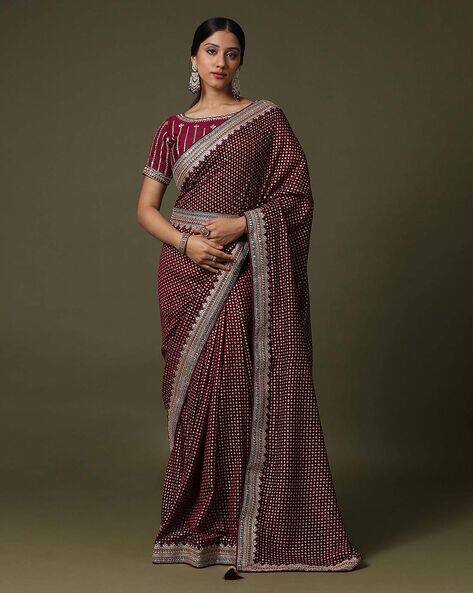 Ri-wah Women Polka Dot Design Sequins Vichitra Silk Embroidered Saree with Blouse Piece