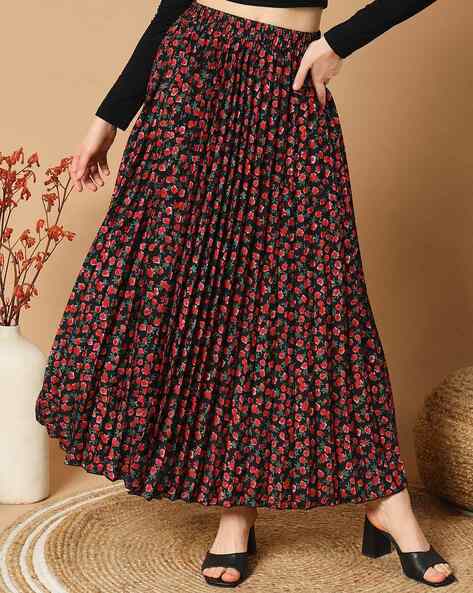 Women Floral Print Pleated A-Line Skirt