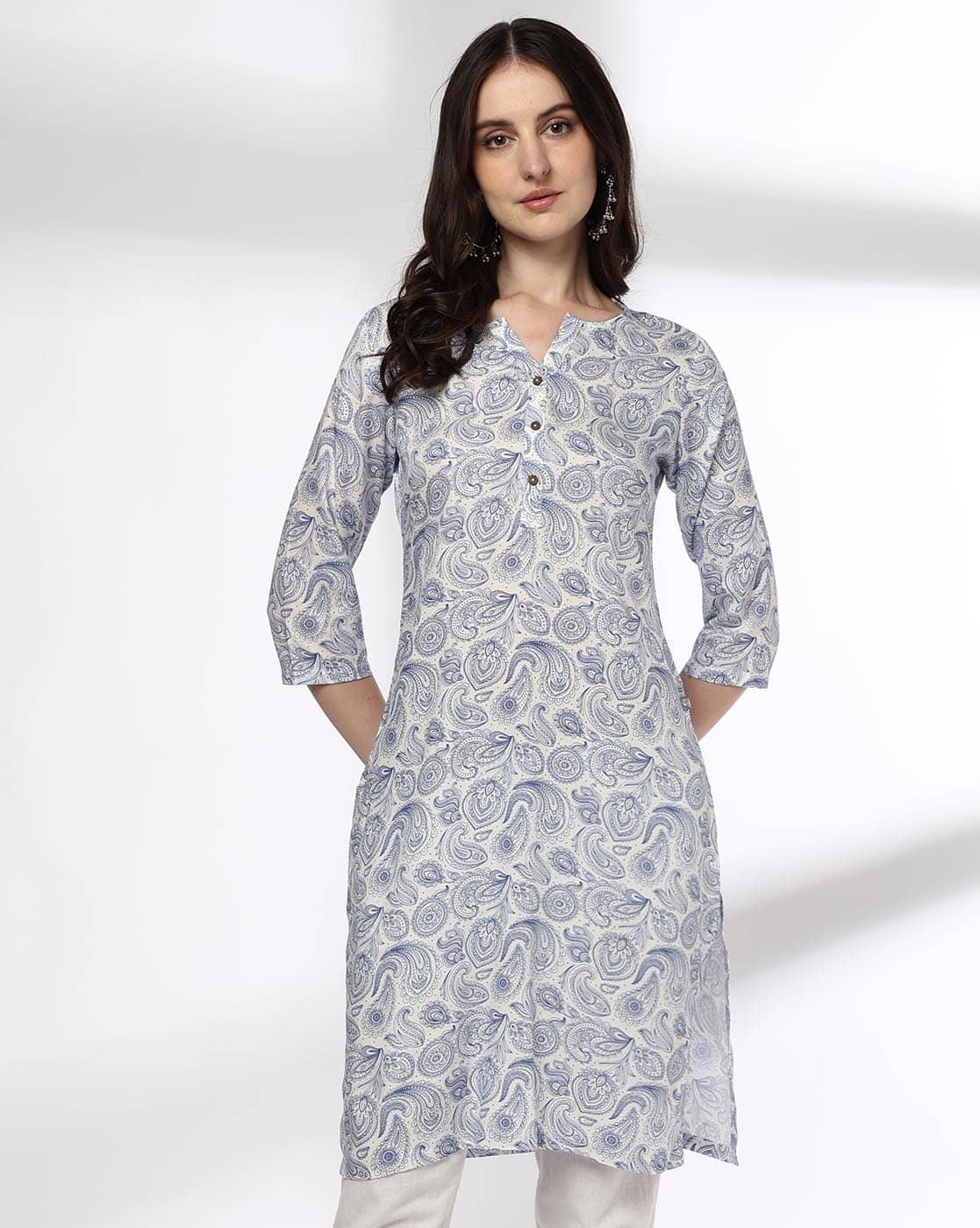 AVAASA MIX N' MATCH Women Paisley Print Straight Kurta For Women (White, XS)