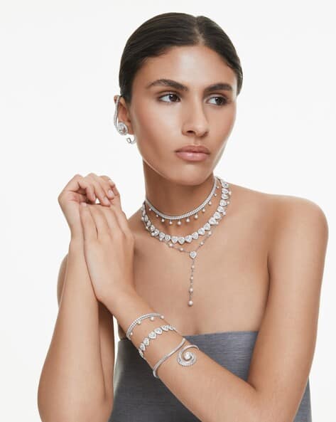 Rhodium Plated With Crystal Pearl Choker