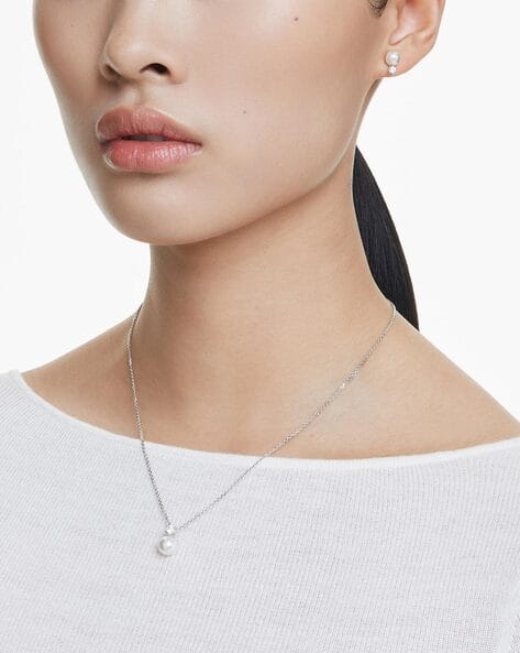 Rhodium-Plated Pearl Necklace Earrings Set