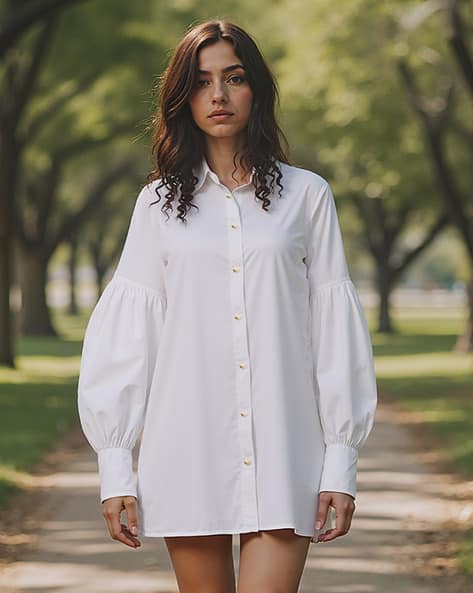 Women Shirt Dress with High-Low Hem