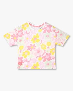 Girls Floral Print Oversized Cotton Round-Neck T-Shirt