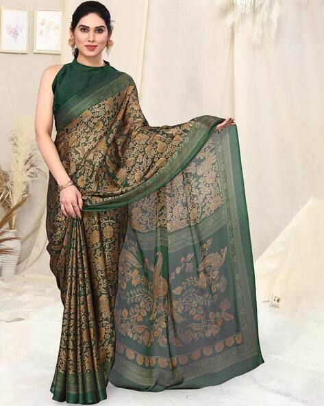 SVARAA Women Chiffon Kalmkari / Ethnic Motifs /Peacock Saree With Unstitched Blouse Piece