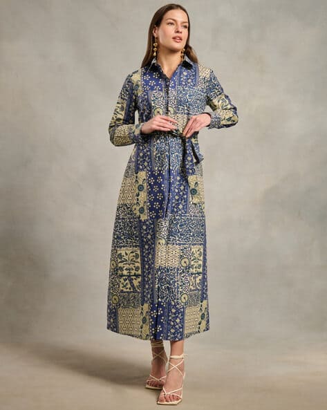 Women Floral Shirt Maxi Length Dress