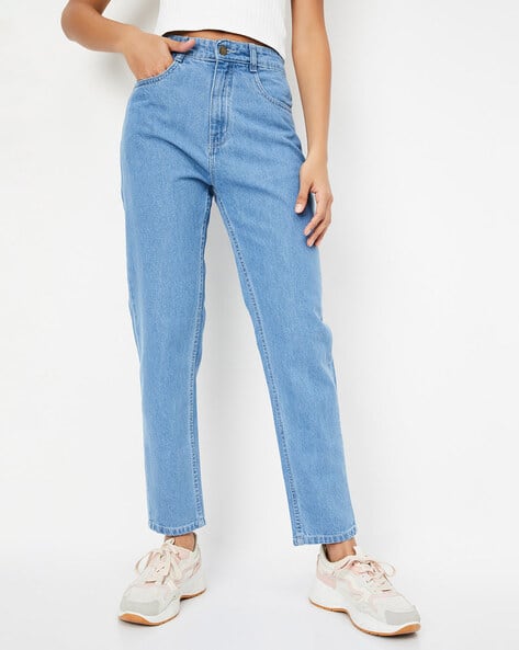Women Washed Mom Fit Mid-Rise Clean Jeans