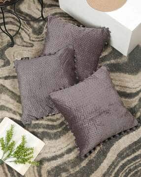 hosta homes Pack of 3 Quilted Velvet Pom Pom Cushion Covers-picture-43