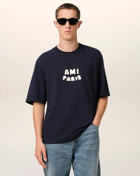 Buy Ami Paris Oversized Crew-Neck T-Shirt with Logo Patch | Blue