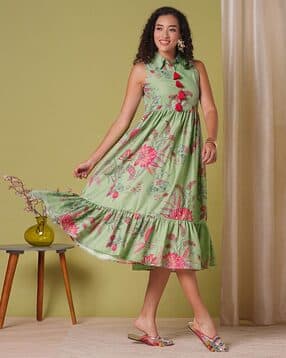globus Women Shirt Collar Floral Print Tassel A-Line Fusion Dress-picture-41