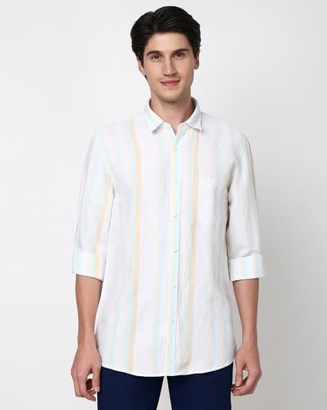 PETER ENGLAND CASUALS Men White Slim Fit Stripe Shirt