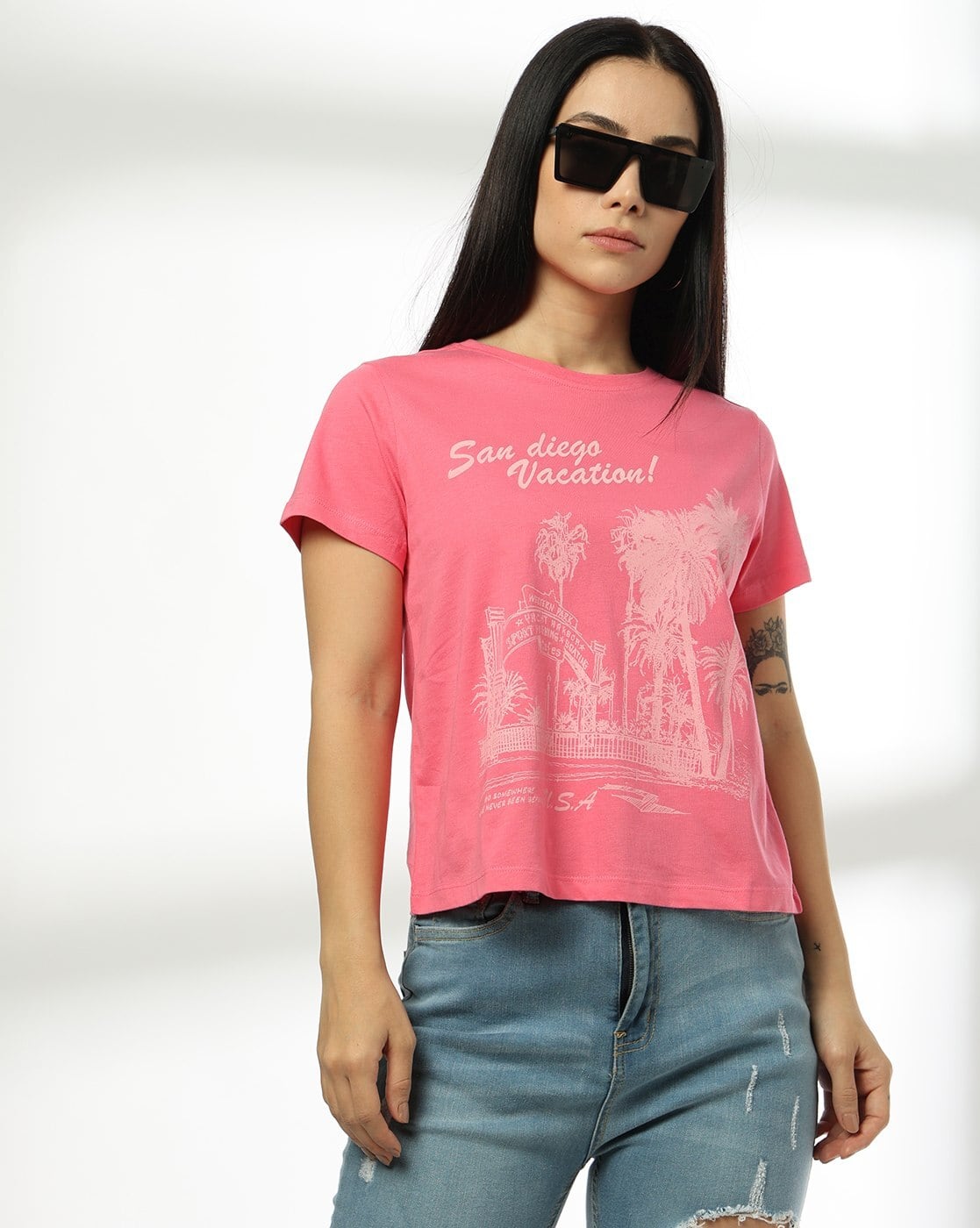 DNMX Women San Diego Vacation Printed Regular Fit Crew-Neck T-Shirt For Women (Pink, M)